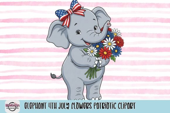 Celebrate with Elephant 4th July Flowers Patriotic Clipart