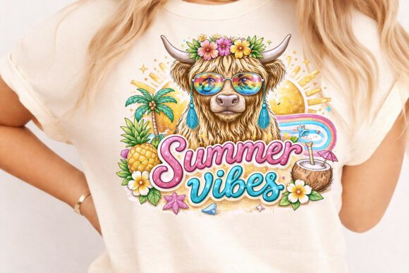 Highland Cow Summer PNG: Retro Beach Graphic for Your Projects