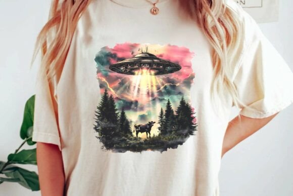 Retro UFO Cow Abduction Forest Sunset Art: Design Guide