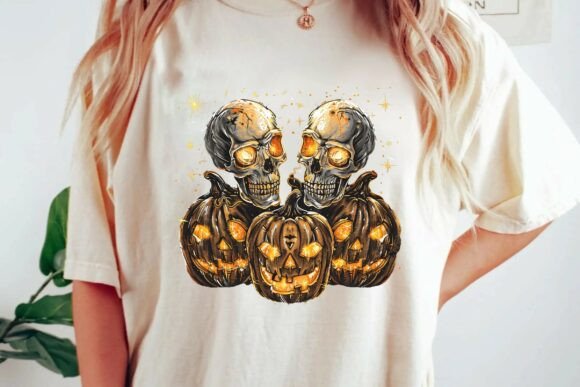 Spooky Halloween Skulls and Glowing Jack O Lanterns Sublimation PNG