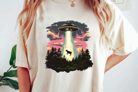 Unearth Retro Charm: The Vintage UFO Cow Abduction PNG