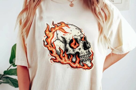 Unleash Raw Edge with Flaming Skull Graphic for T-Shirt Design