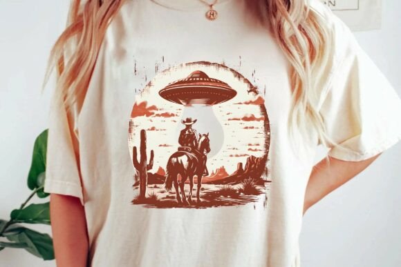 Vintage Cowboy UFO Abduction Desert Landscape Graphic