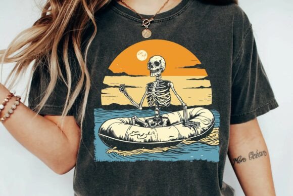 Vintage Skeleton Floating in Life Raft Sunset Retro Graphic Png